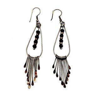 Boho Artisan Bronze Dangle Earrings, Teardrop Frame, Beads, Fringe